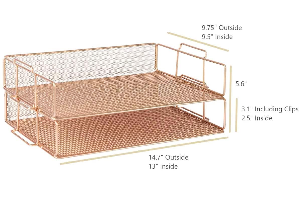BLU MONACO | Rose Gold Mesh Paper Tray Set of 2 | Stackable Letter Trays for Desk Organization |
