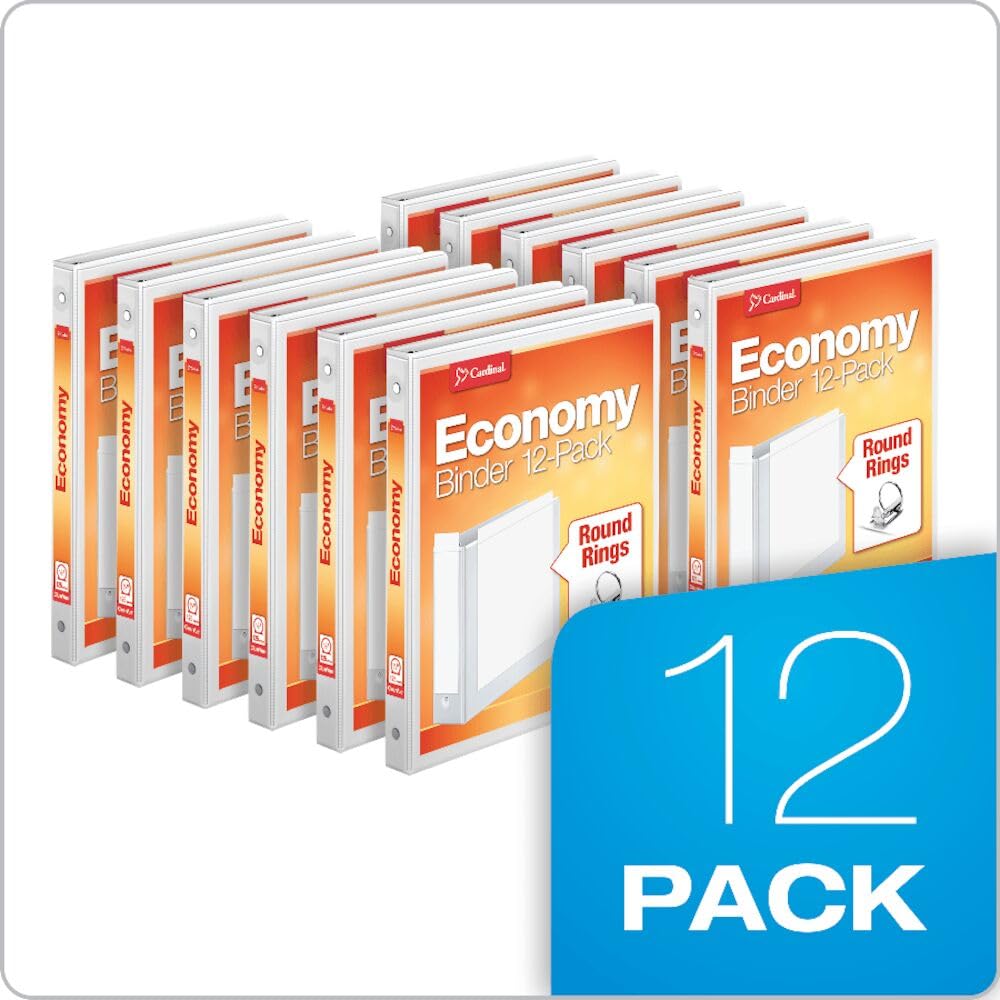 Cardinal 0.5 Inch 3 Ring Binders, White, 12 Pack, Round Ring Binder, Holds 125 Sheets, PVC Free