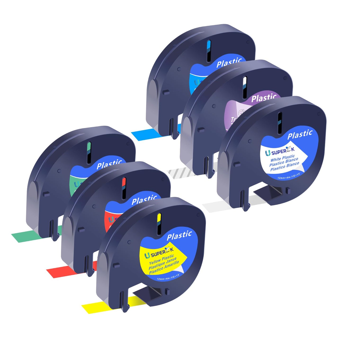 USUPERINK 6 Pack Plastic Letra Tag Label Tape Black on Clear/White/Yellow/Red/Green/Blue Compatible