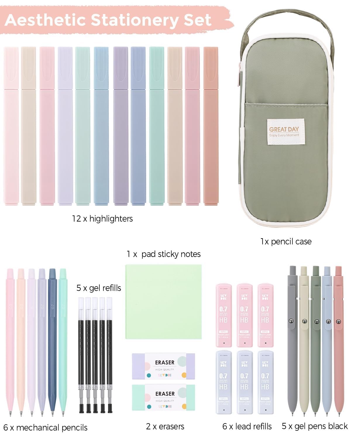 SKYDUE Aesthetic School Supplies Kit, 38 PCS Stationery Set with Large Pencil Case, Pens