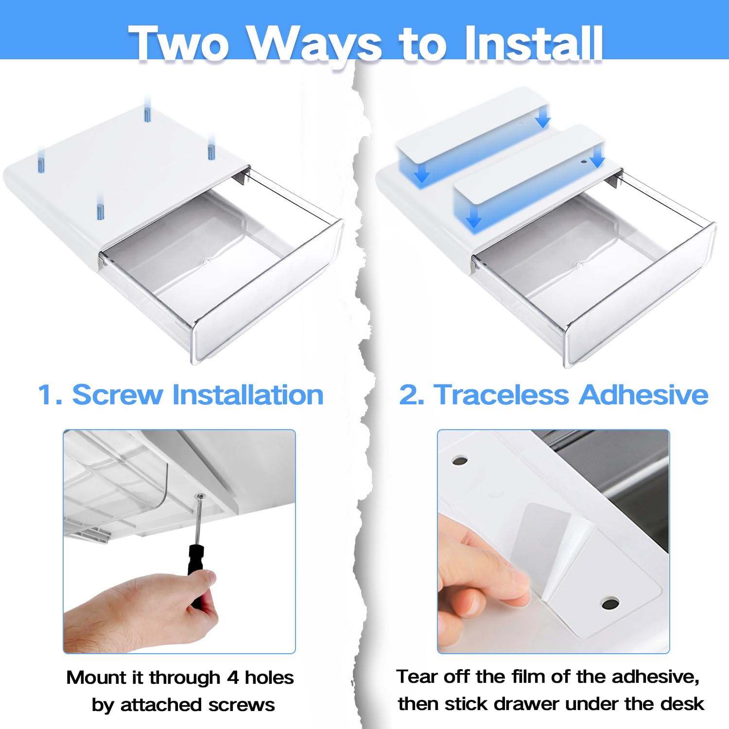 OSPNIEEK Self-adhesive Under Desk Drawer Organizer, 2 Pack Table Hidden Slide Out Large Storage