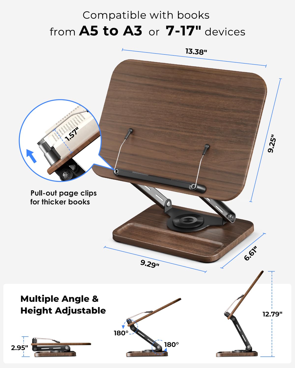 Viozon Book Stand for Reading, Book Holder 360° Rotating Base with Pen Slot, Foldable Reading