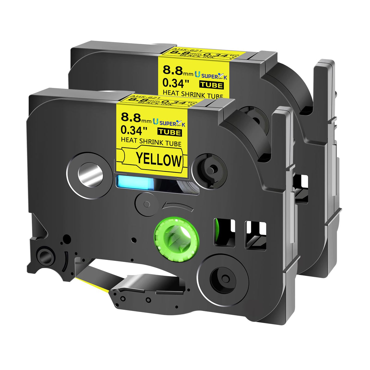 USUPERINK 2PK Compatible for Ptouch HSe-621 HSe621 HS-621 HS621 Black on Yellow 8.8mm 0.34'' Heat