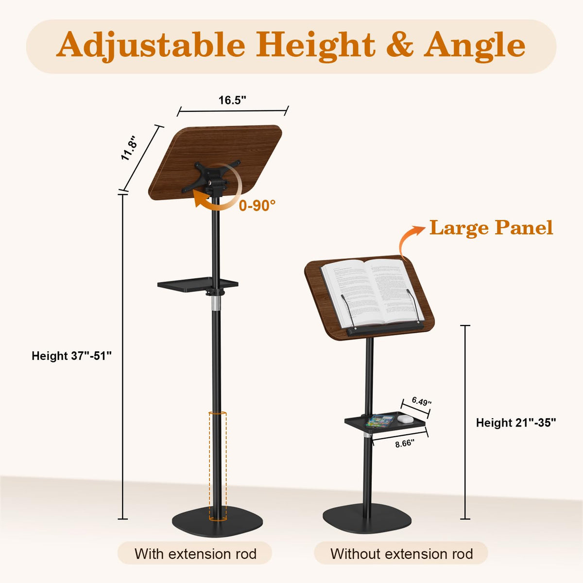 Snughome Floor Book Stand with Removable Tray, Wood Standing Book Stand for Reading, Height