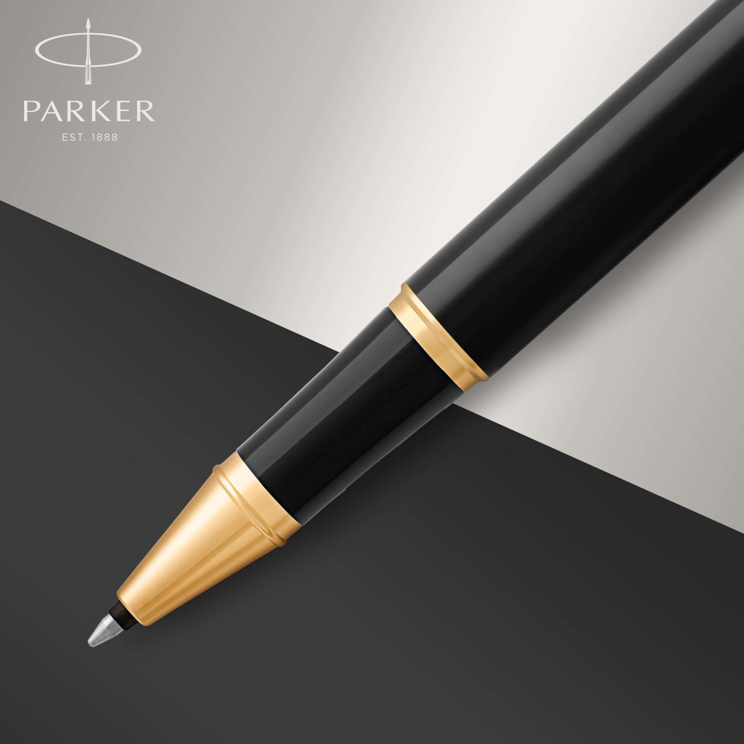 PARKER IM Rollerball Pen, Black Lacquer Gold Trim with Fine Point Black Ink Refill, Gift Box