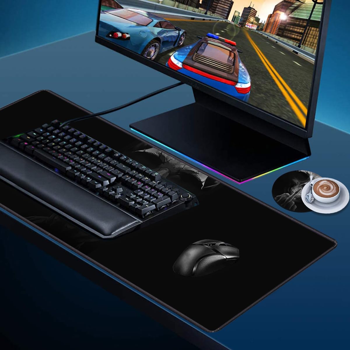 Desk Pad Mat Gaming Mouse Pads with Coasters, 31.5"x 11.8" XXL Large Computer Keyboard Mouse Mat