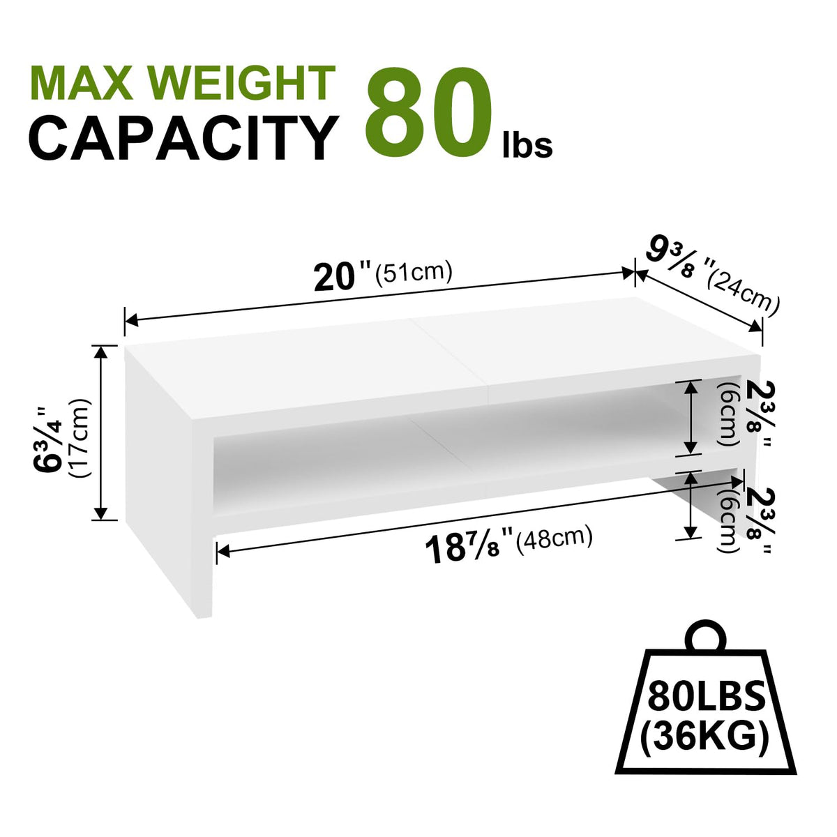 TEAMIX 20 inch White Monitor Riser Stand - 2 Tiers, Wood Desktop Bookshelf