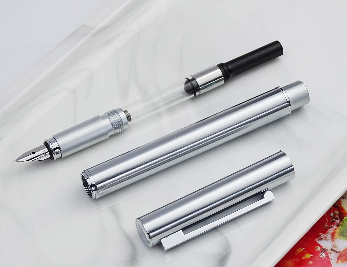 Hongdian 516 Stainless Steel Fountain Pen Fine Nib, Classic Design with Converter and Pen Pouch