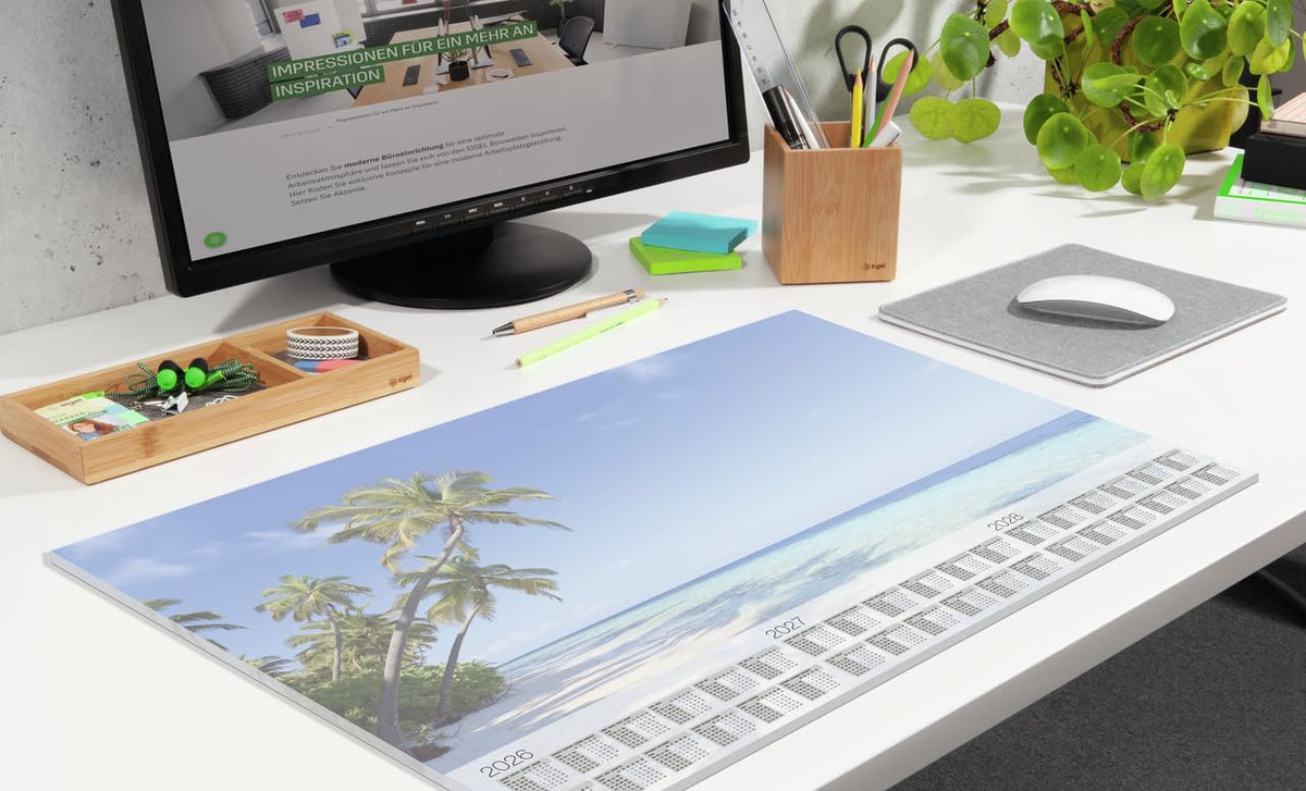 SIGEL H6470 Paper Desk Pad DIN A2, Calendar 2026-2028, 30 Sheets, Palm Tree Motif, Desk Mat Made of