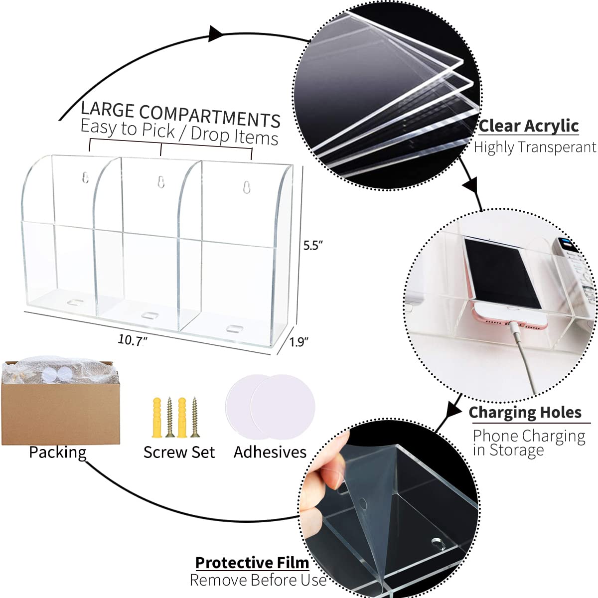 Pansyling Large Acrylic 3-Slot Wall Mounted Smart Phone Charging Holder Station Clear Hanging TV