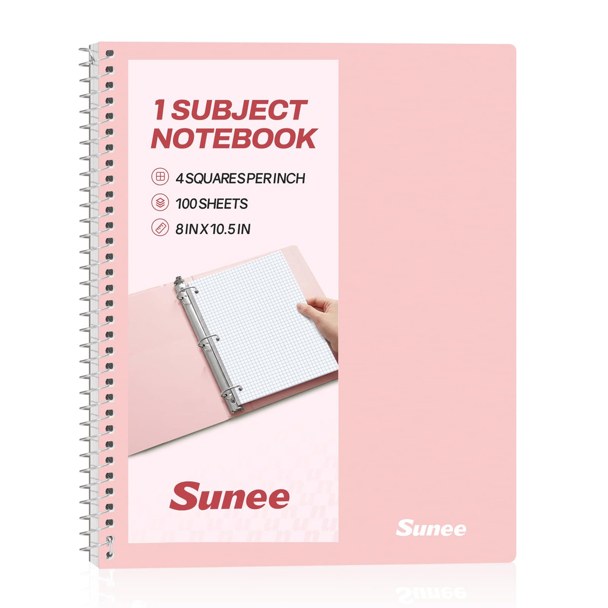 SUNEE Spiral Notebook, 1-Subject, Graph Ruled Paper, 8" x 10-1/2", 100 Sheets per Notebook, 3-Hole