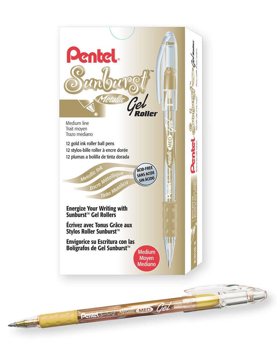Pentel Sunburst Metallic Gel Pen, Medium Tip, Gold/Transparent Barrel, Gold Ink, Box of 12 (K908-X)