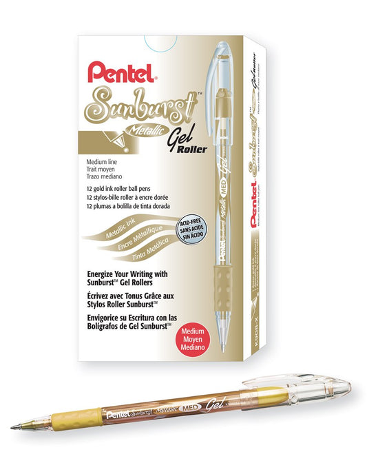Pentel Sunburst Metallic Gel Pen, Medium Tip, Gold/Transparent Barrel, Gold Ink, Box of 12 (K908-X)