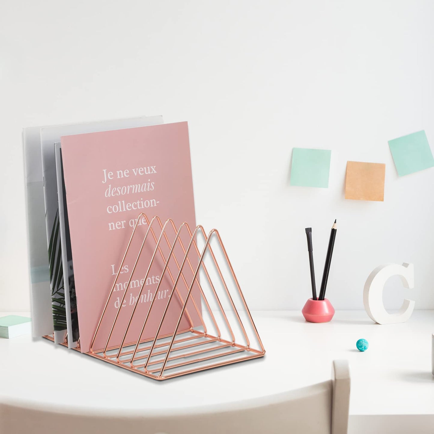 EASEPRES Rose Gold Magazine Holder, Desktop File Sorter Organizer Triangle 9 Slot Newspaper Record