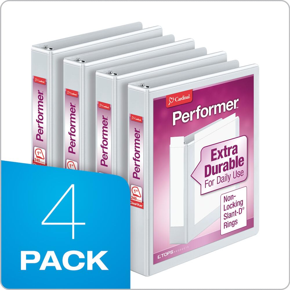 Cardinal Performer 3-Ring Binders, 1", Non-Locking Slant-D Rings, 240-Sheet Capacity, ClearVue