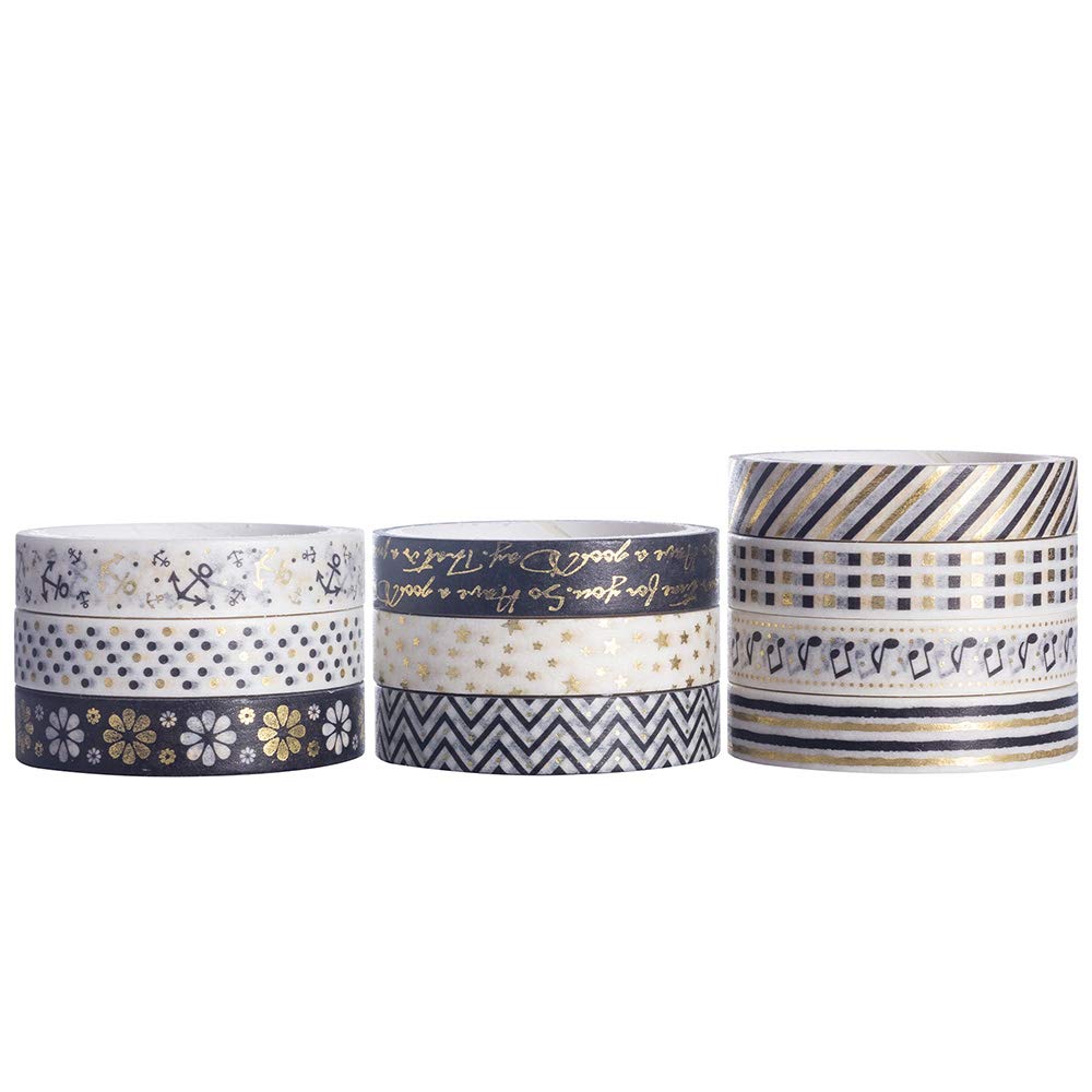 YUBBAEX 10 Rolls Sparkling Washi Tape Set 8mm Skinny Gold Foil Decorative Masking Washi Tapes for
