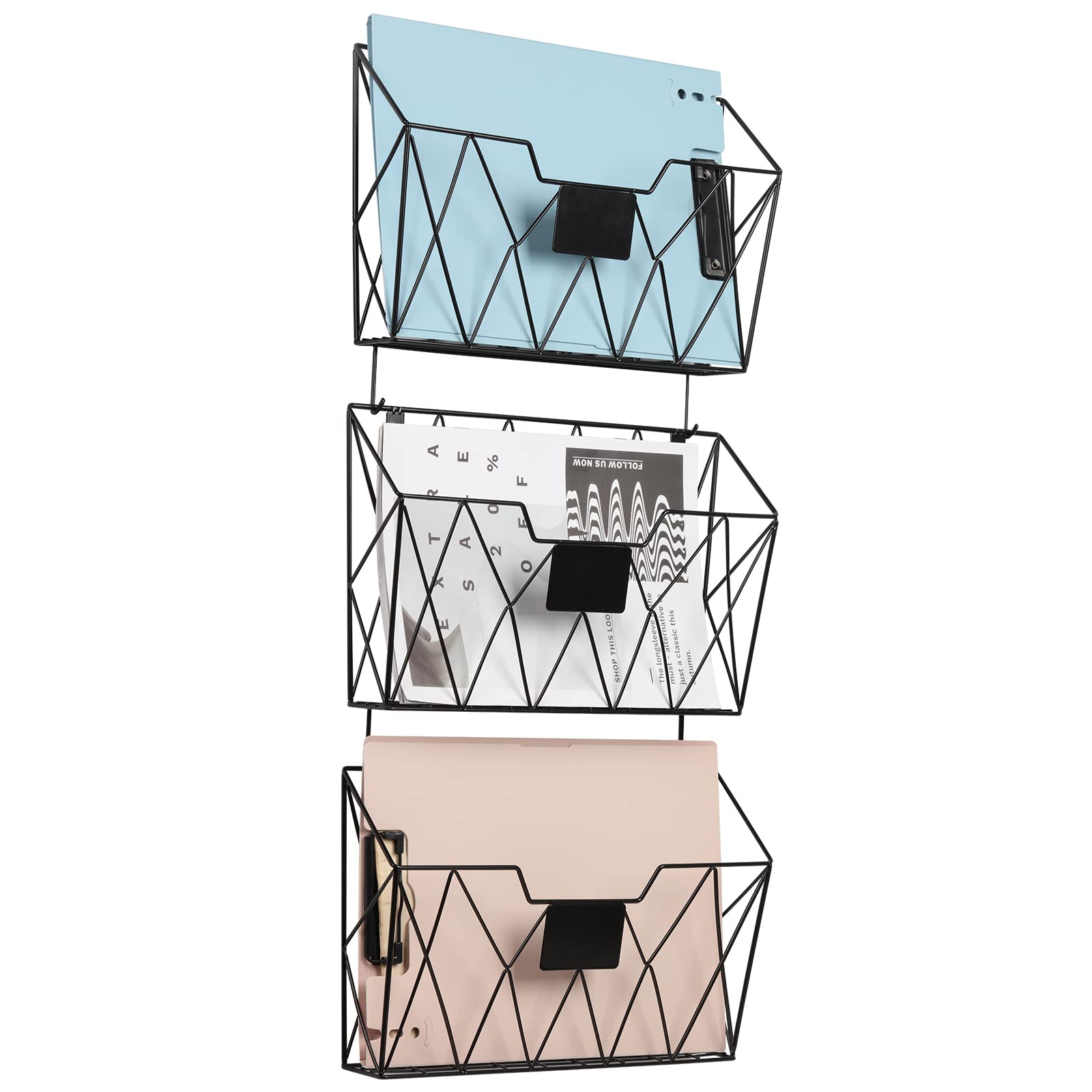 YBING Wall File Organizer, Hanging File Holder & Basket Set of 3, Black