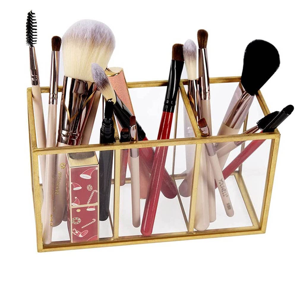 NIUBEE Acrylic Pen Holder 3 Compartments, Gold Pencil Organizer Cup for Countertop Desk Accessory