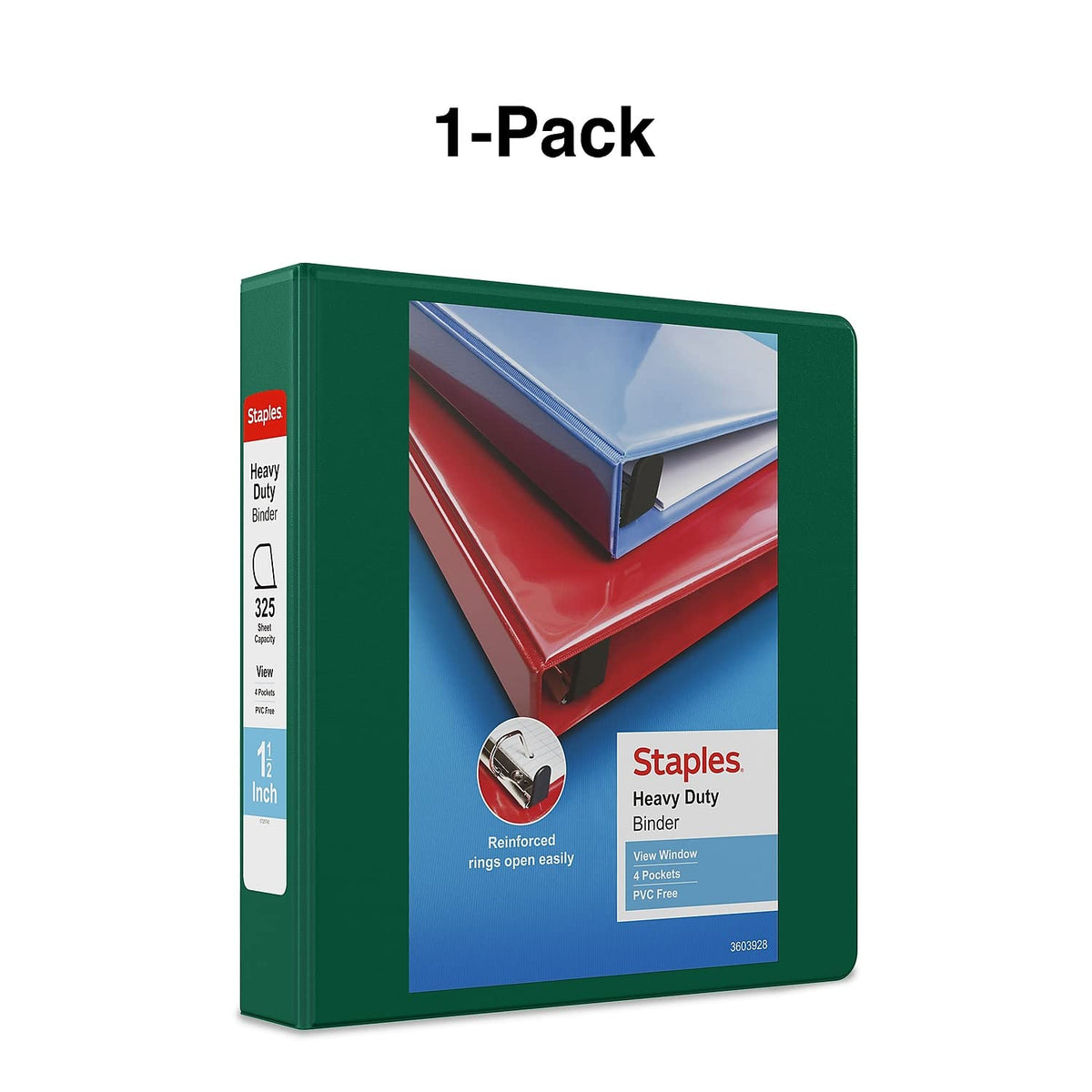 Staples Heavy-Duty 1.5-Inch 3-Ring View Binder, Dark Green, 4 Pockets