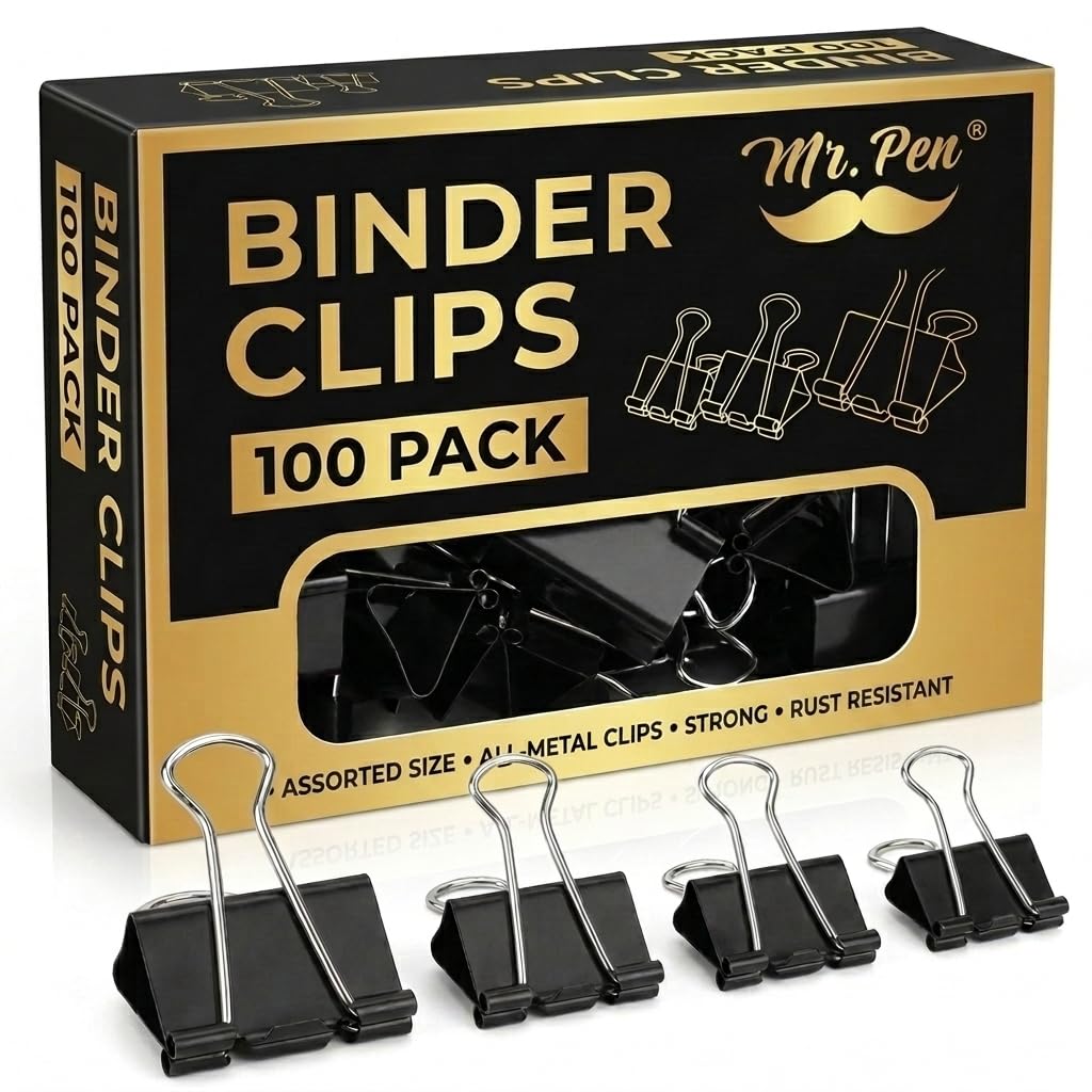 Mr. Pen- Binder Clips, 100 pcs, Assorted Sizes, Black Binder Paper Clips
