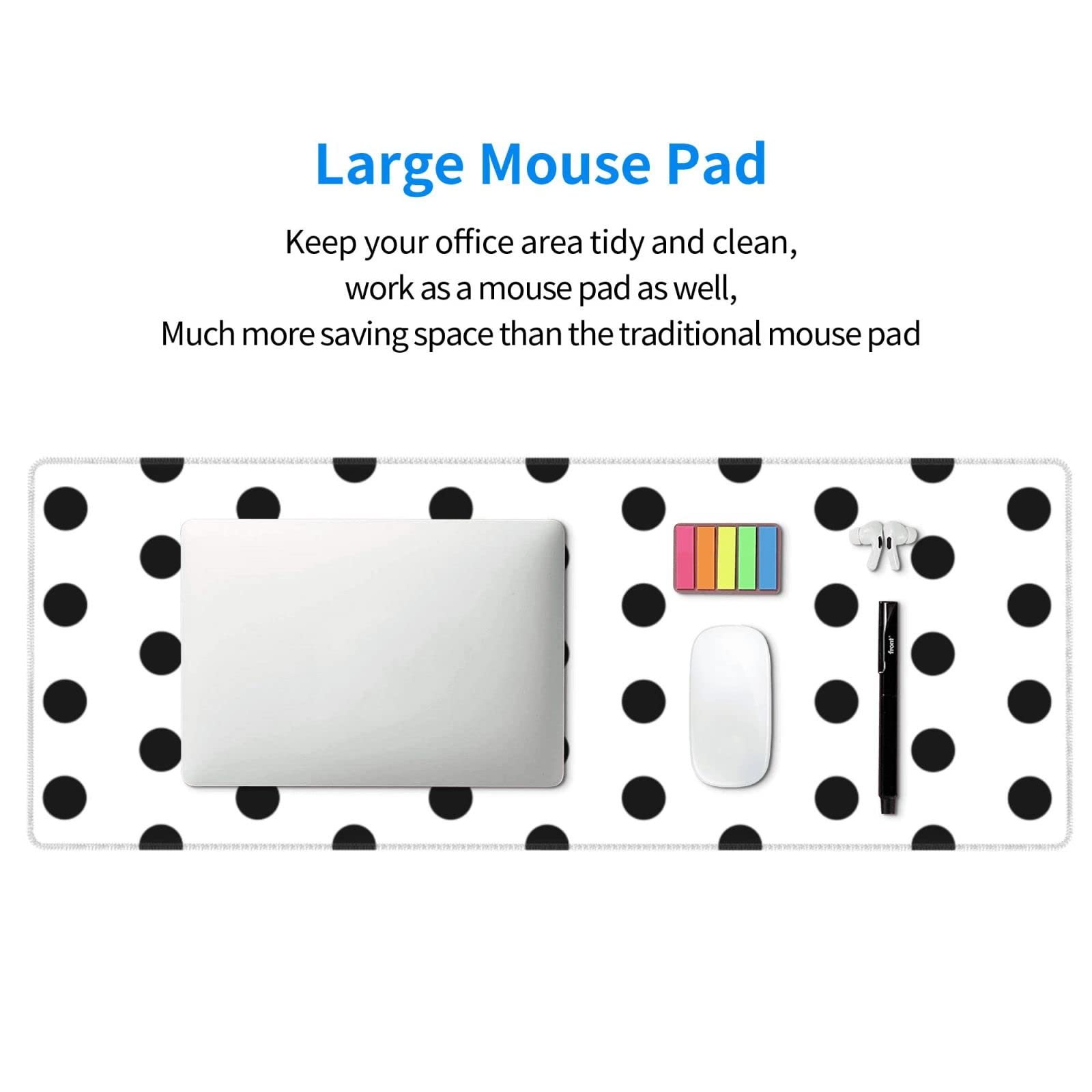 Black Polka Dot Mouse Pad Extended Large Gaming Mousepad XL Big Long Oversized Desk Mat Stitched