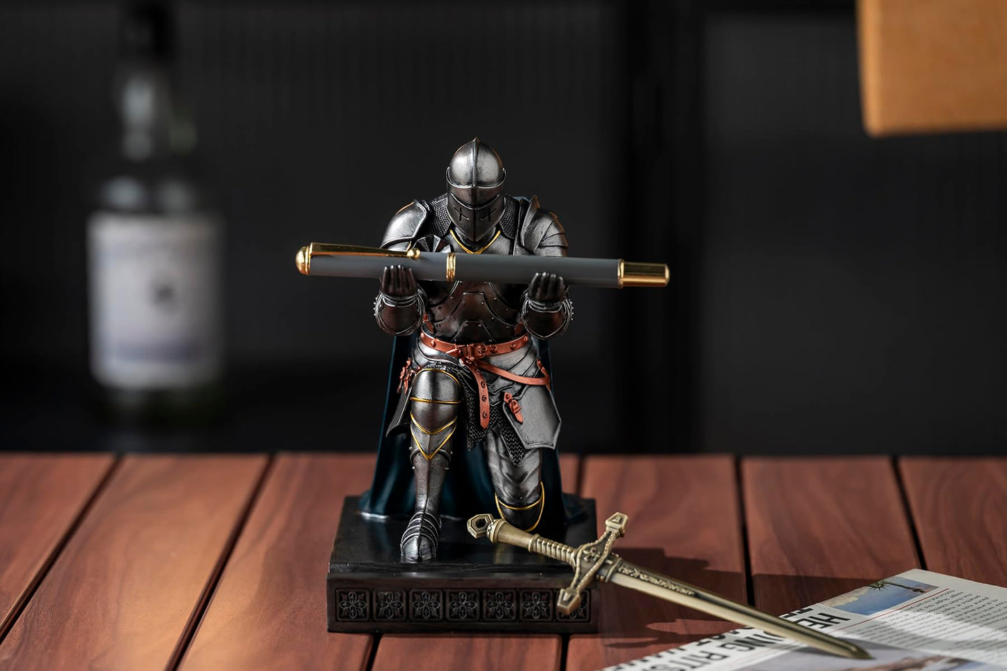 Medieval Armored Knight Pen Holder Figurine Paperweight Phone Stand Irn&Grn