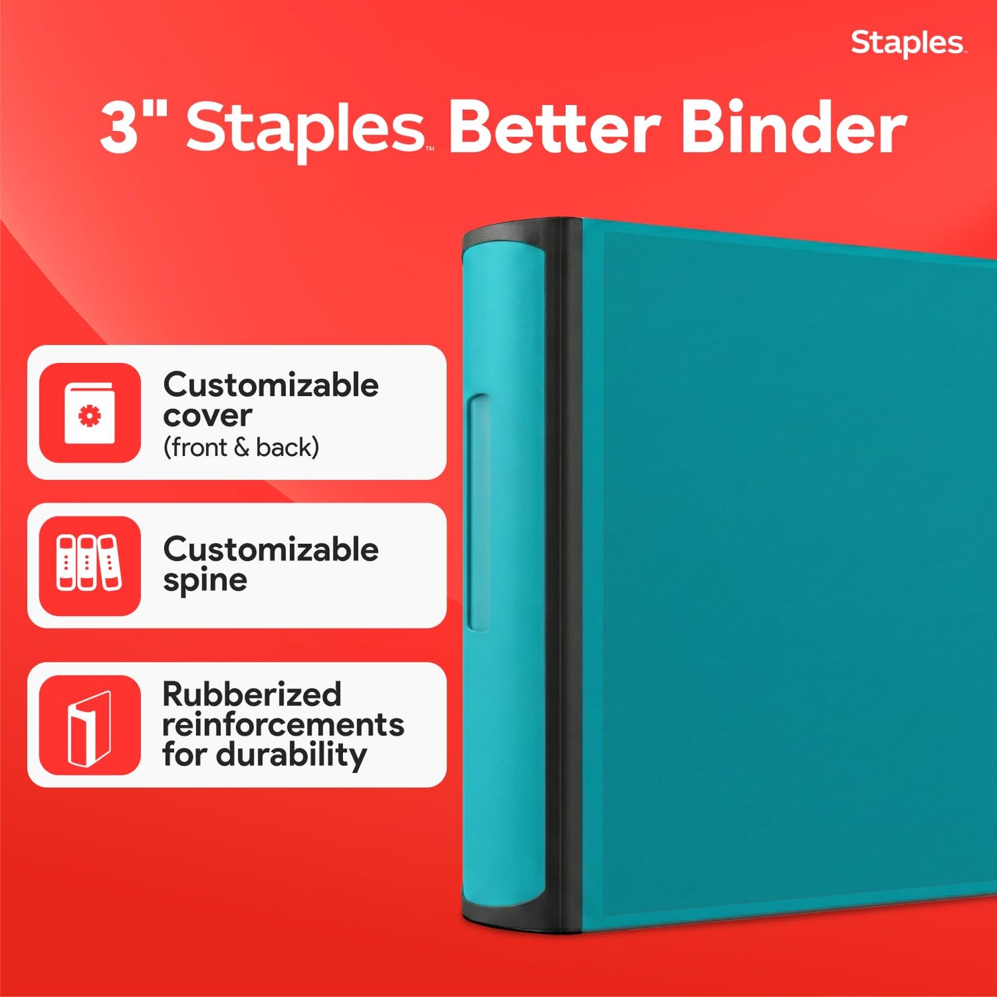 Staples Heavy-Duty 3-Inch D-Ring Binder, Teal, Holds 600 Sheets