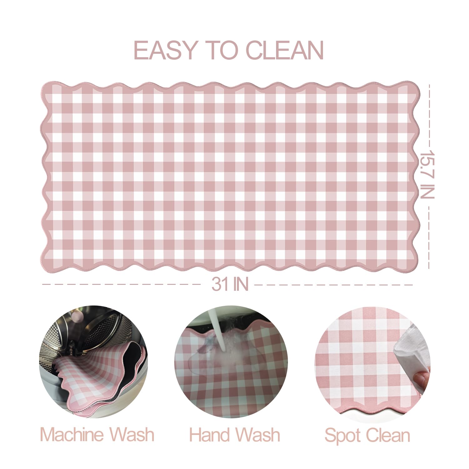 Scalloped‌ Pink Checkered Gingham Desk Mat Cute Pastel Large Mouse Pad Kawaii Cottagecore ‌Vintage‌