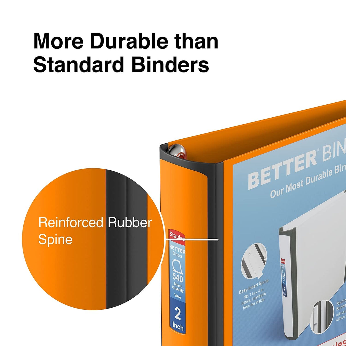 Staples Better Binder, 2 Inch D-Ring, Bright Orange, Reinforced Spine