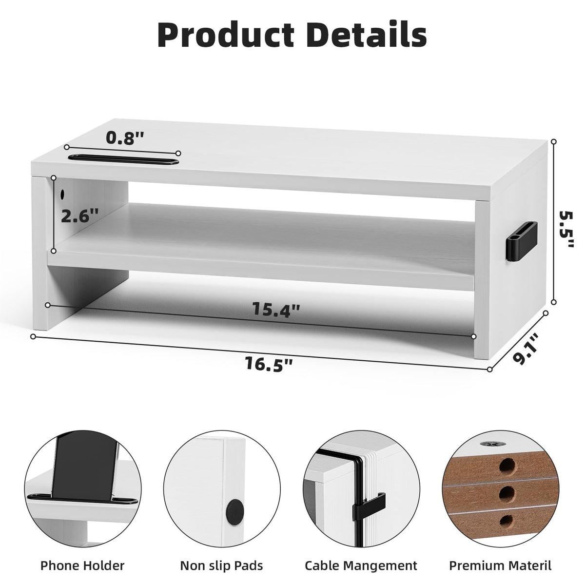 Marbrasse Wood Monitor Stand Riser,Desk Computer Printer Shelf Stand，White