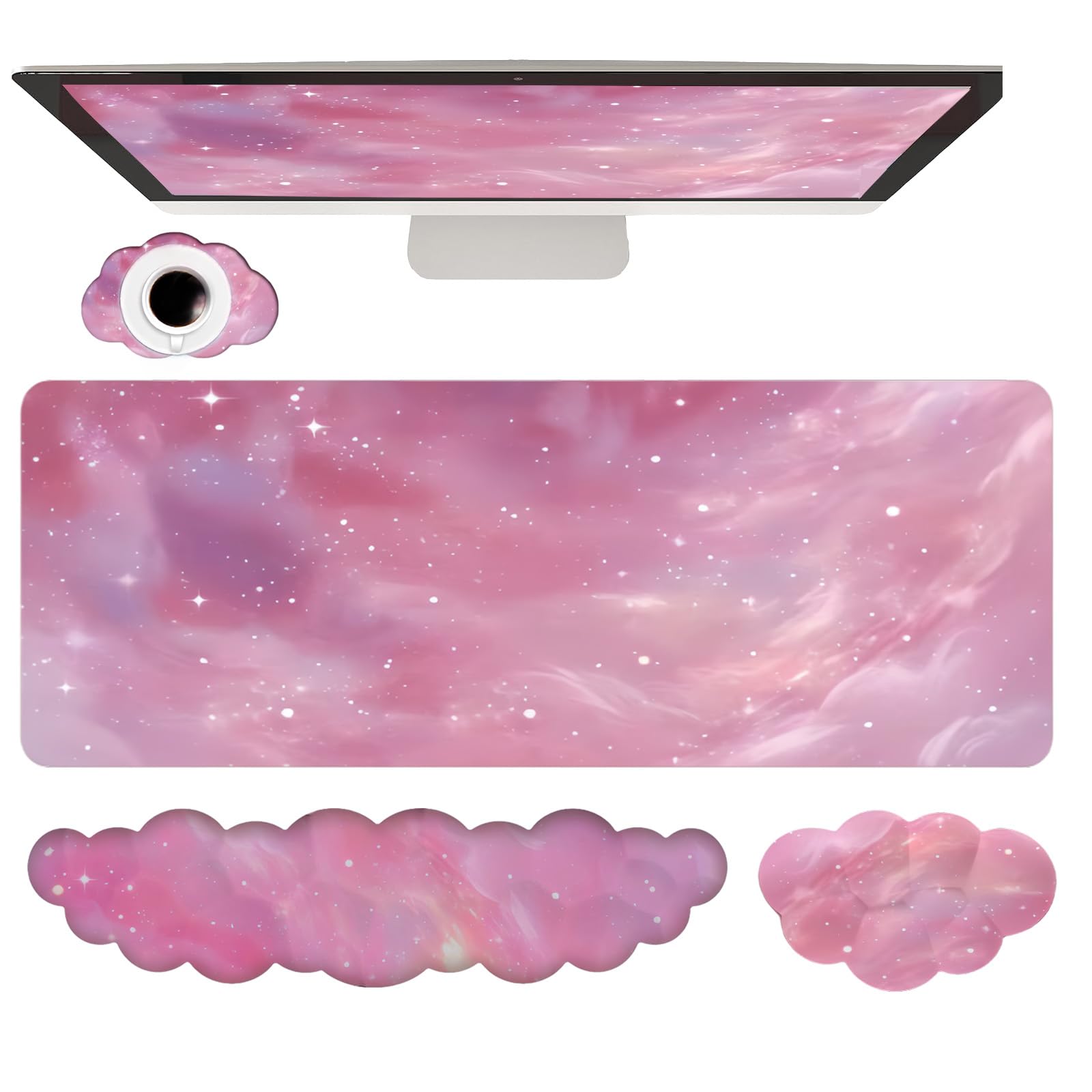 Cloud Mouse Pad Keyboard Wrist Rest 4PCS Galaxy Space Extended Large Desk Mat Pad Set Memory Foam