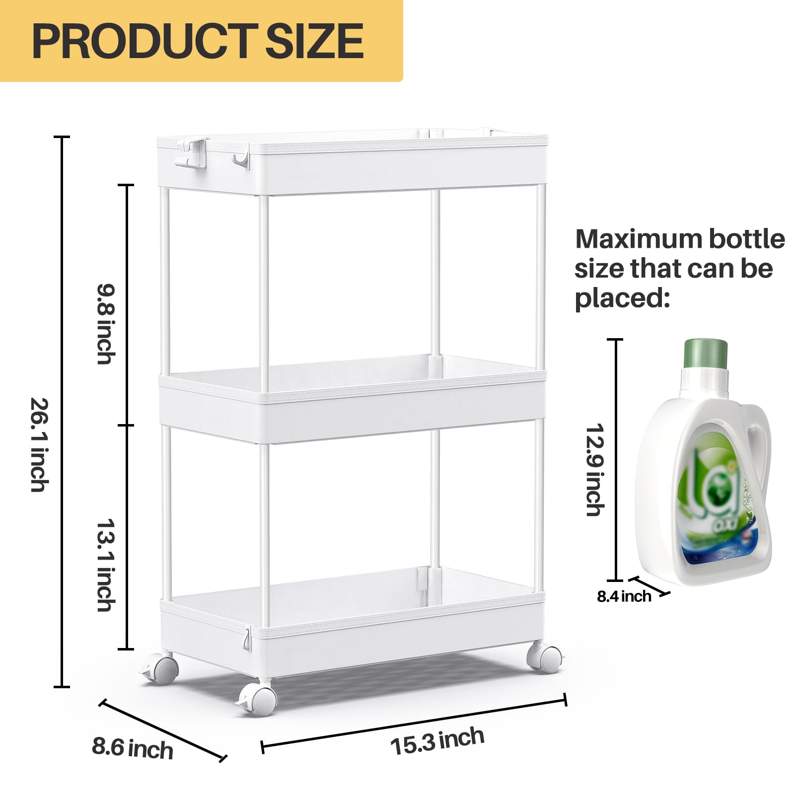 SPACEKEEPER 3 Tier Rolling Cart, Bathroom Cart Organizer with Wheels, White