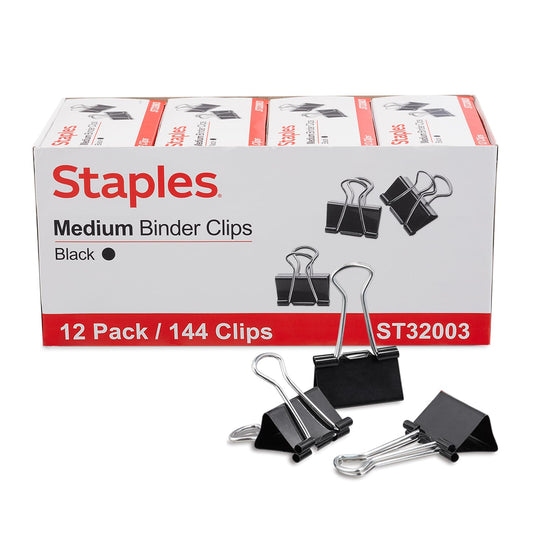 Staples Medium Binder Clips, 0.63 Inch Capacity, Black, 144 Clips/Pack