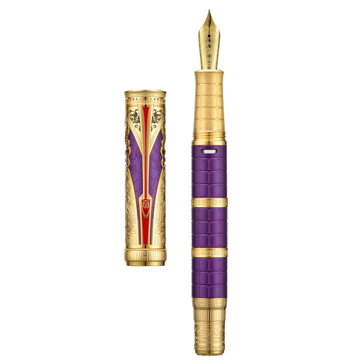 HONG DIAN D5 Qin Dynasty Fountain Pen Purple Gold, Fine Nib Piston Filling Pen, Retro Chinese Totem