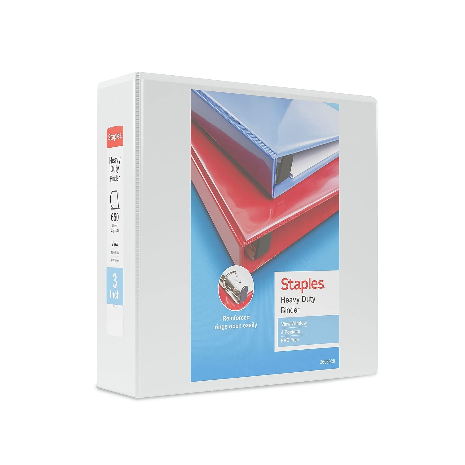 Staples Heavy-Duty 3-Inch D-Ring View Binder, White, 600 Sheets