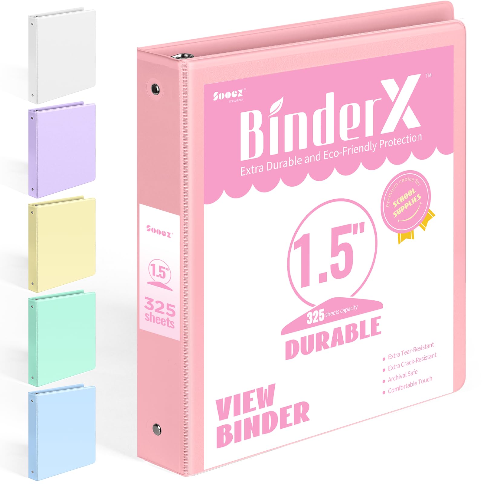 BinderX 3 Ring Binder 1.5 Inch, 1.5" Clear View Binder, Pink, Letter Size