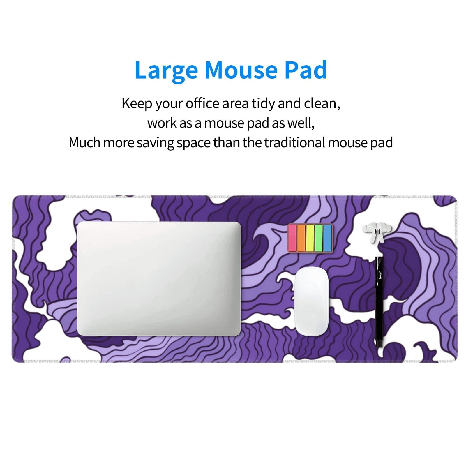 Japanese Purple Wave Large Mouse Pad XL Extended Gaming Mouse Pad Mat Desk Pad with Stitched