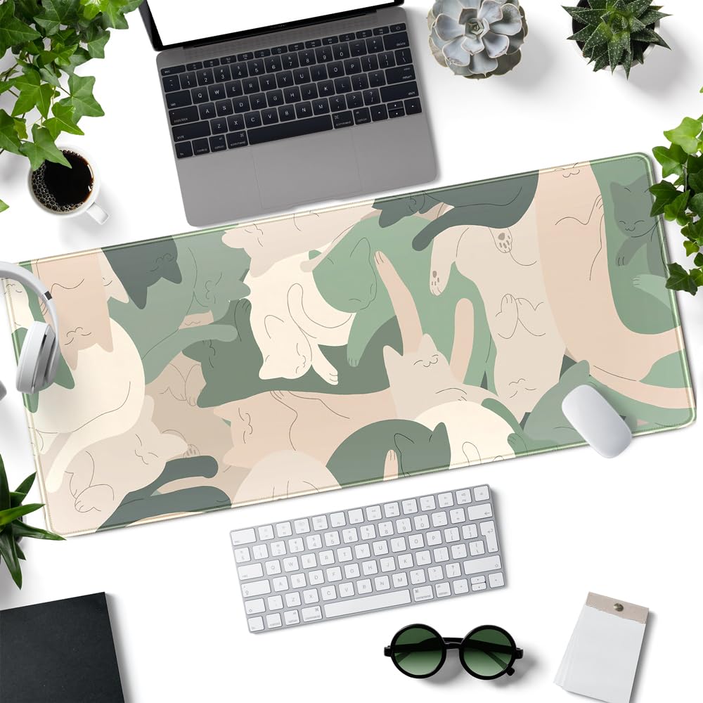 Green Simple Cat Desk Mat Sleeping Cute Long Cool Mouse Pad for Laptop Gaming Computer Keyboard Pad