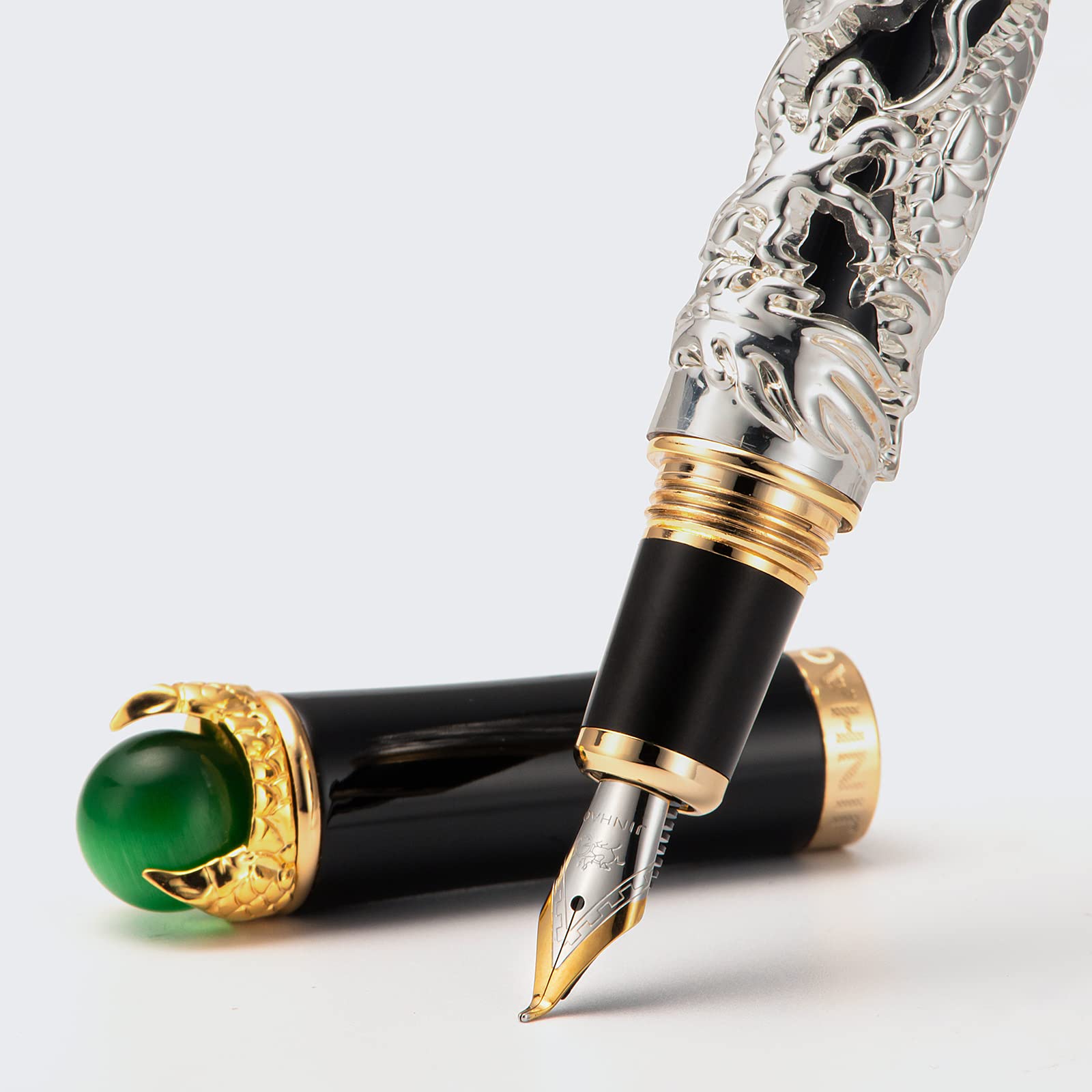 Jinhao Dragon Fountain Pen Bent Nib Intricate Design, Silver Color, Heavy Fude Pen Fine to Broad
