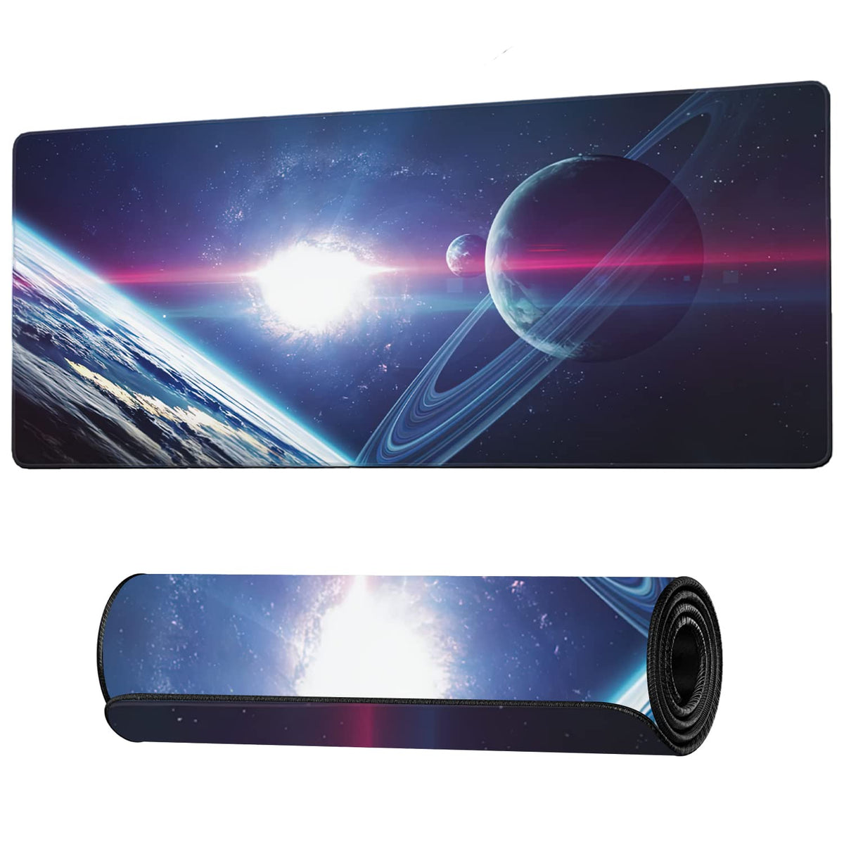 Planets and Nebula in Space Extended Gaming Mouse Pad Large Desk Mat with Non-Slip Rubber Base and