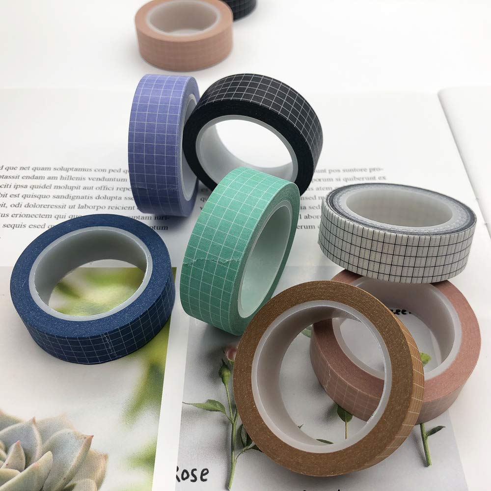 7 Rolls Grid Washi Tape Set 0.6in x 32ft Colorful Writable Paper Adhesive Masking Tapes Sticky
