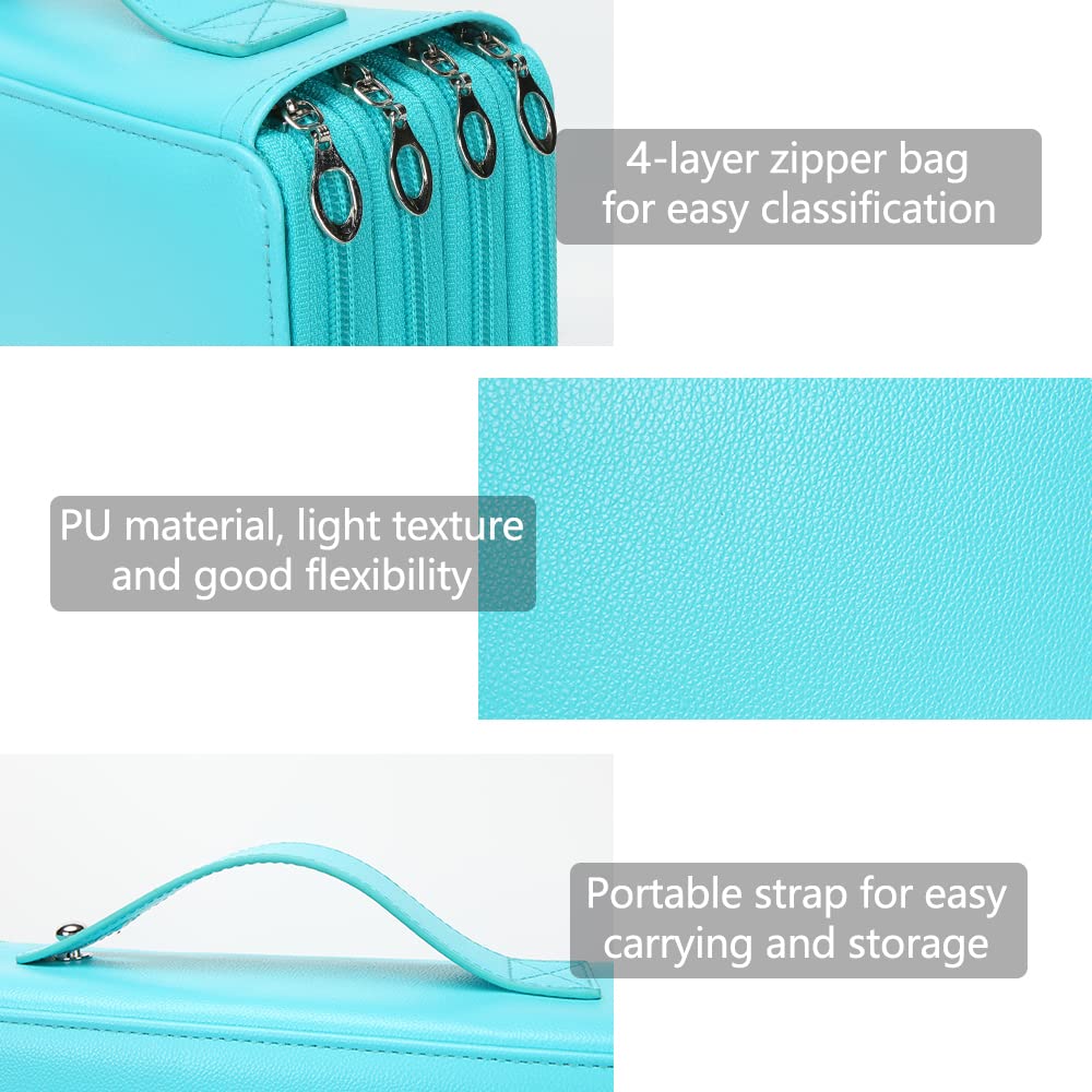 Vomgomfom 200 Slots Pencil Case 4-Layer PU Leather, Handle, Solid Green