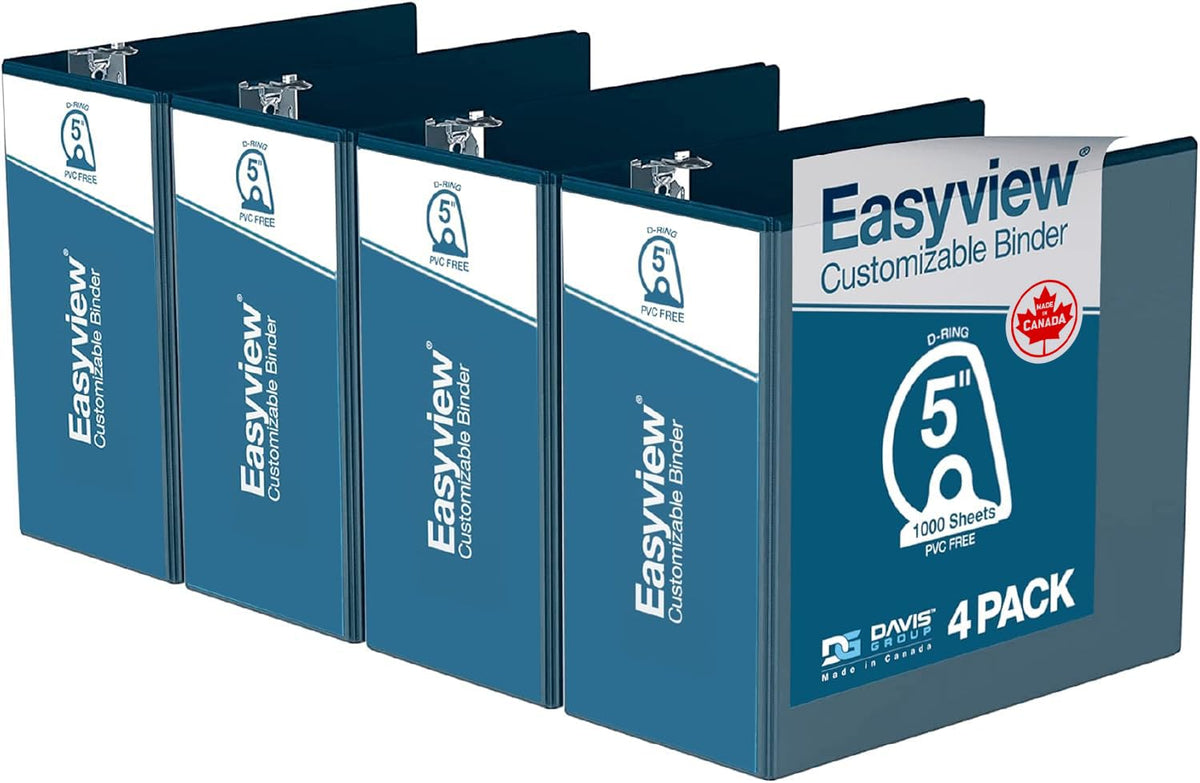 Easyview 3-Ring Binder, Clear-View Cover, 5" D Rings, Navy Blue, 4 Pack