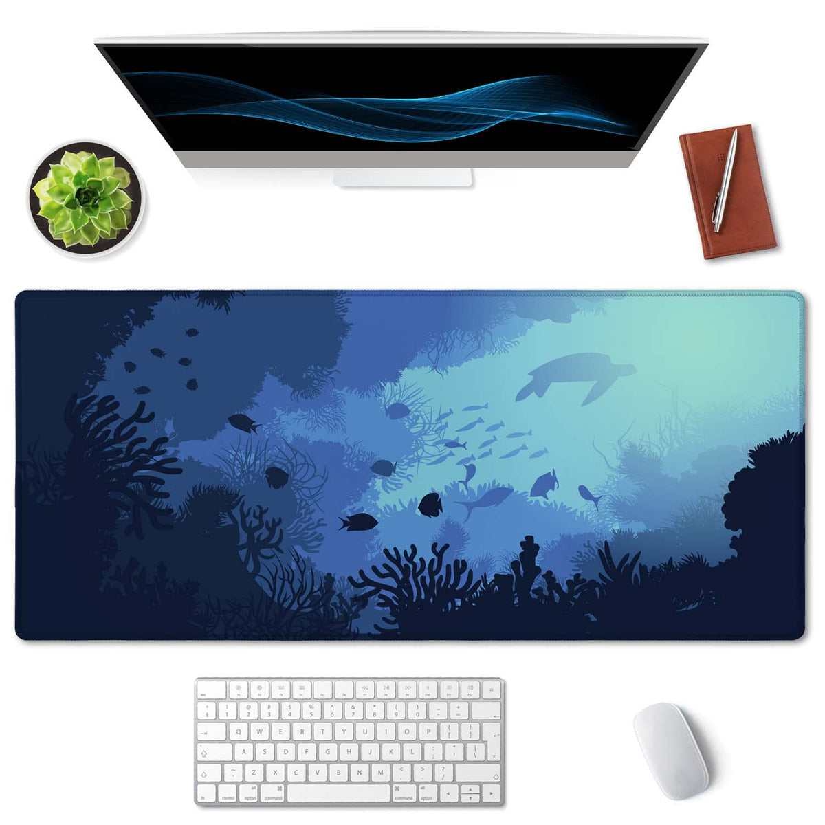 SSOIU Blue Ocean Big Turtle Desk Mat, Under The Sea Peaceful Extra Large Mouse Pad, Extended Gaming