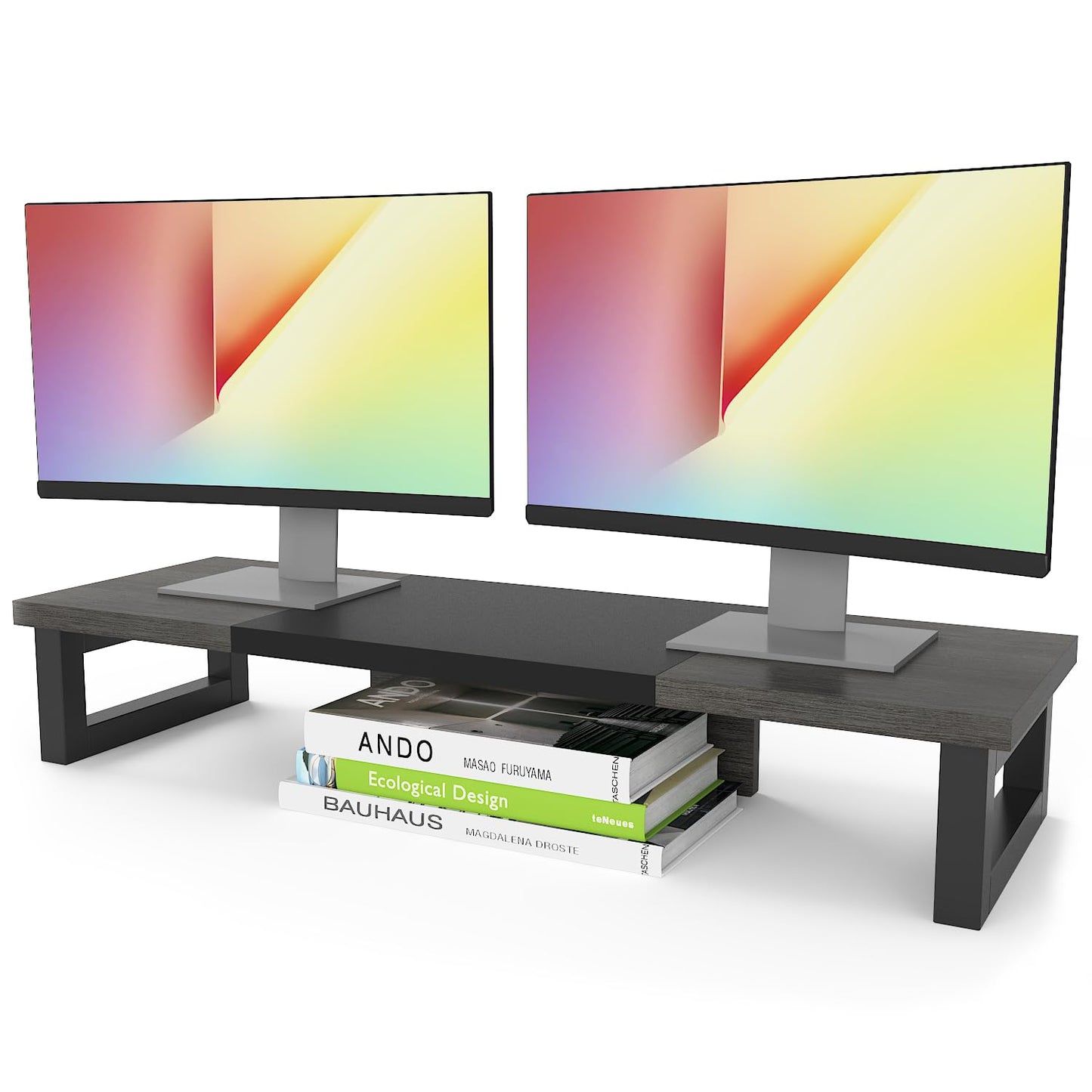 WESTREE Dual Monitor Stand Riser, Wood and Steel Monitor Stand Riser, Computer Monitor Stand for 2