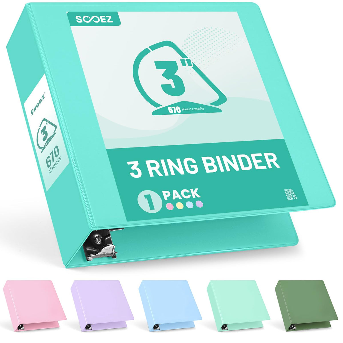 Sooez 3 Ring Binder 3 Inch, Large Binder with Pockets, Teal, Letter Size