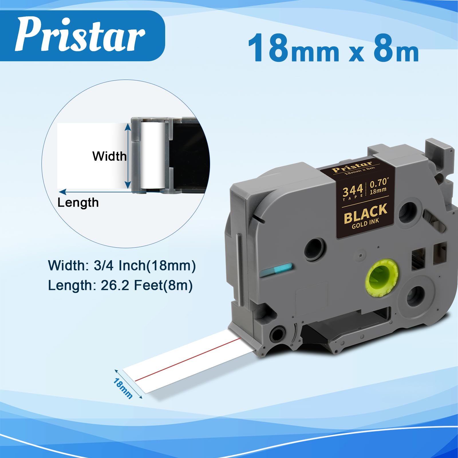 Pristar 18mm 0.7 Laminated TZ Tape TZe-344 TZe344 Gold on Black Label Tape