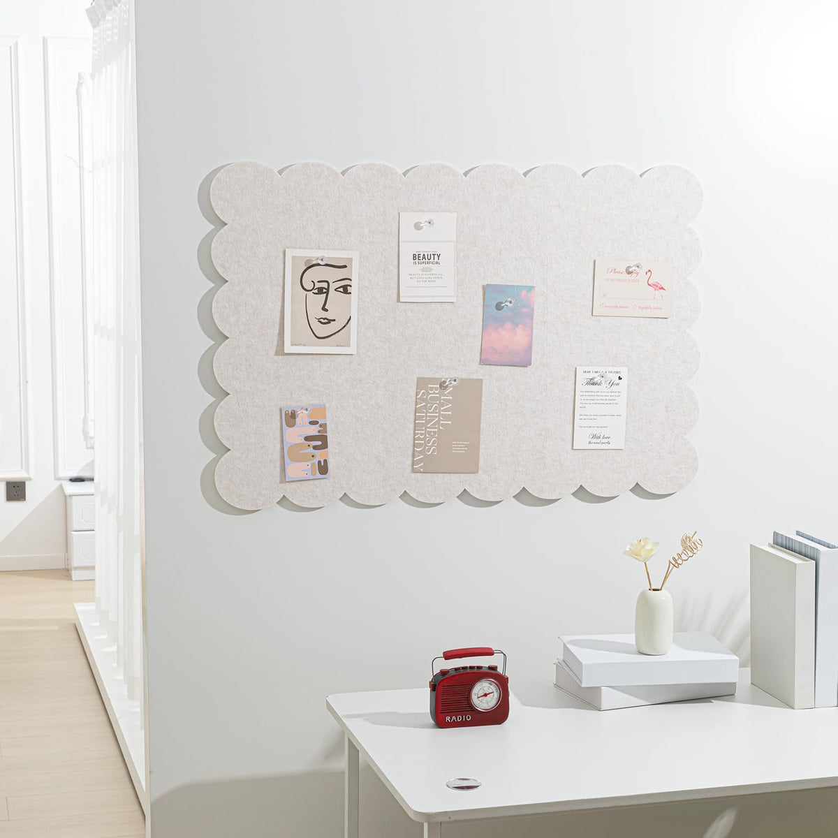 Mooliwe Scalloped Felt Bulletin Cork Board Foldable Beige 36 * 24 Inch
