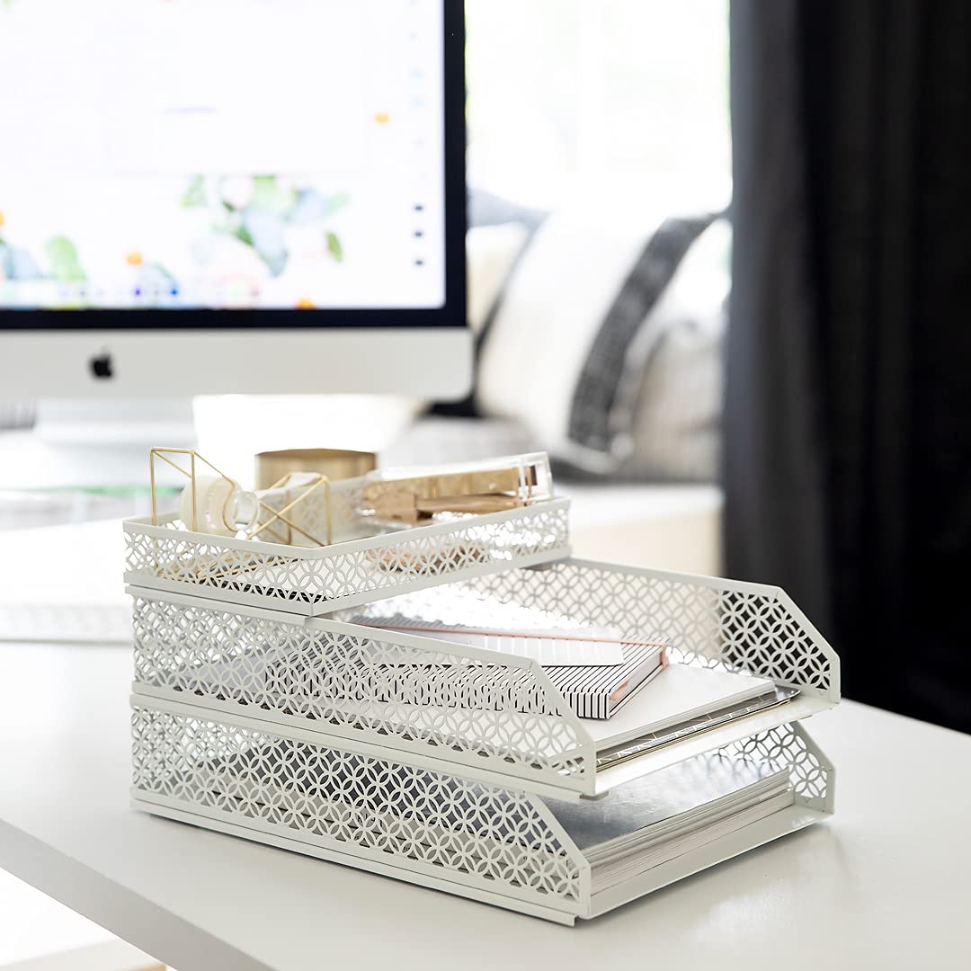 BLU MONACO | White Desk Organizer Set | 6 Piece Metal Desk Organizer with Pen Cup, Accessory Trays