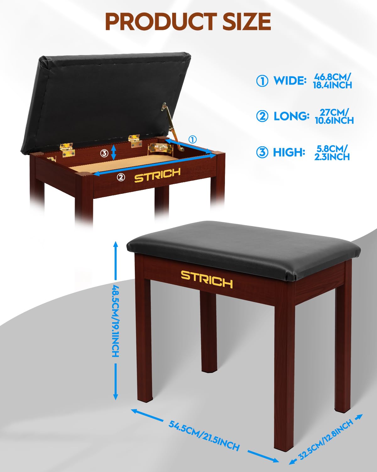 STRICH Piano Bench with Storage, Solid Wood Keyboard Bench Piano Bookcase Stool Chair Seat with